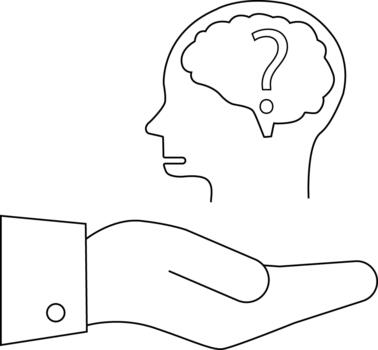 Line art depicts a head with a question mark brain above an outstretched hand vector