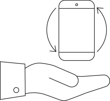 A stylized hand under a phone with rotate arrows minimal line art vector