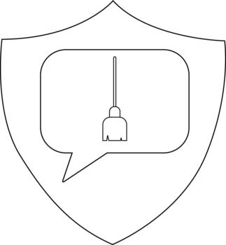 A shield contains a speech bubble with a line drawing of a broom inside vector
