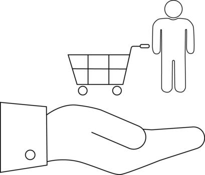 A hand holds a person with shopping cart in outline style vector