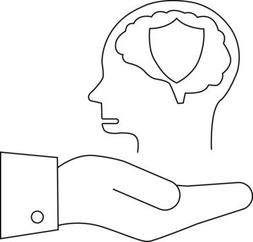 Outline drawing of a head with brain shield inside above an open hand with a suit jacket cuff vector