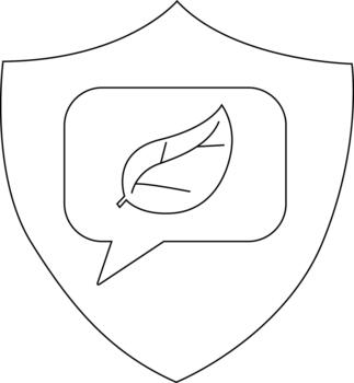 A shield outline contains a speech bubble with a leaf icon inside it vector