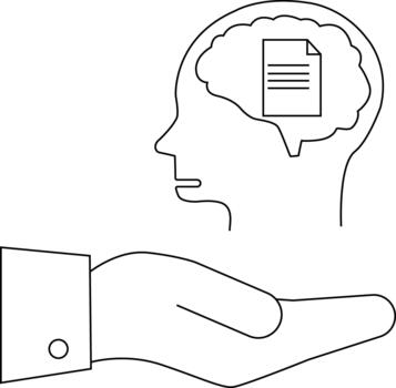The graphic features a head with a brain containing a document icon above an outstretched hand all in simple black lines vector