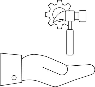 A hand in a suit holds a hammer and a gear visually representing development vector