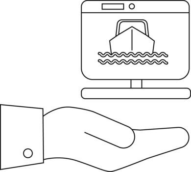 A computer monitor with a boat on screen is held in a hand vector