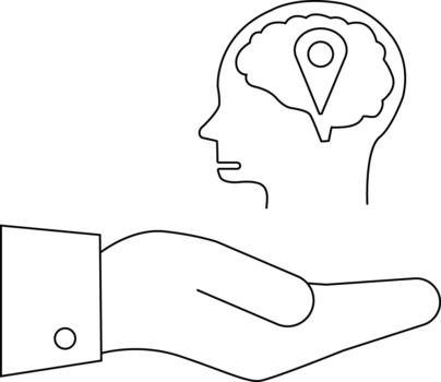A stylized line drawing depicts a hand presenting a head profile with a brain marked by a location pin vector