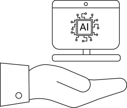 Hand holding a monitor with AI text inside a chip symbol in a simple outline style vector