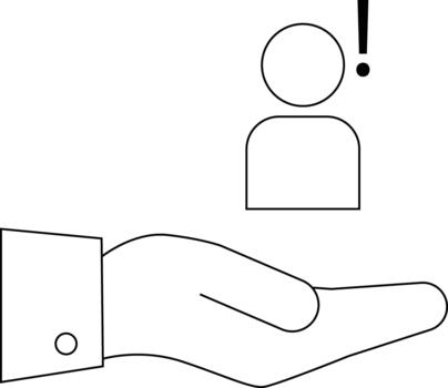 Open hand supporting a figure with an exclamation mark line art vector