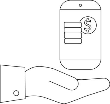 A hand holds a smartphone displaying a coin stack and dollar sign vector