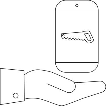 A hand holds a cell phone with a saw icon displayed on its screen vector
