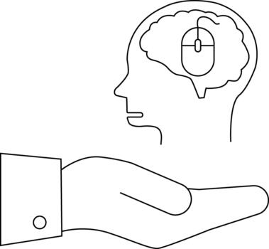 A head with a brain containing a mouse above a hand depicted in simple black and white outline style vector