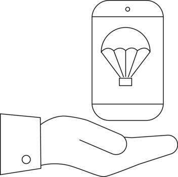 Line drawing shows a hand holding a smartphone displaying a parachute icon on its screen vector