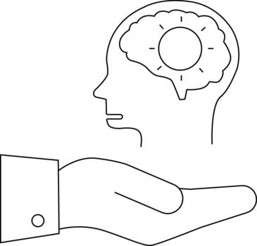 Line art depicts a head with a brain and bulb inside held in a hand vector