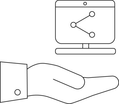 mano secundario un computadora monitor mostrando un red icono con Tres conectado nodos vector