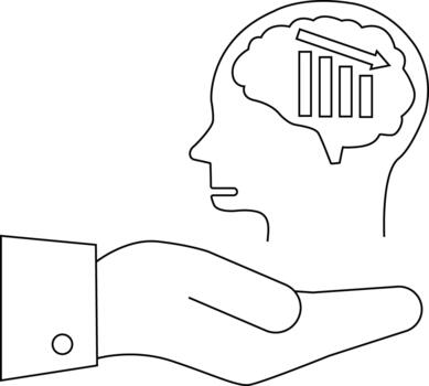 Hand holding a head with a declining bar graph in the brain vector
