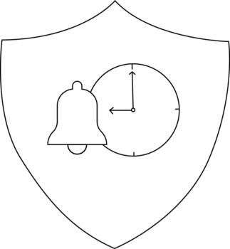 Shield with a clock showing 900 and a bell outline vector