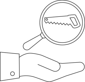 A hand presenting a saw under a magnifying glass drawn in a simple line art style vector