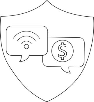 Shield displays message bubbles one with a dollar sign the other with a wifi signal vector