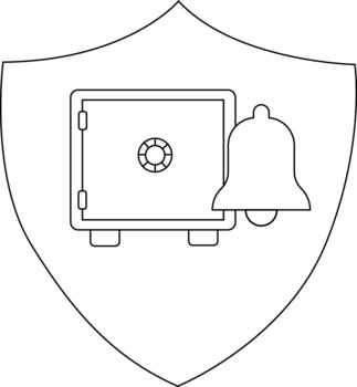 A shield contains a safe with a combination lock and a bell on the right vector