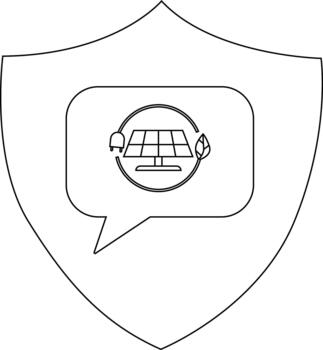 Shield displays a speech bubble containing a solar panel imageplugleafsymbolizing clean energy conversation vector