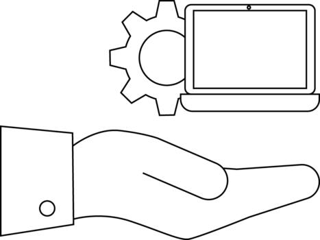 An open hand presents a gear and laptop The artwork is simple and in black and white vector