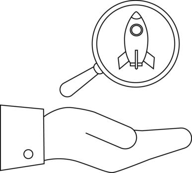 Rocket under scrutiny resting on hand depicted in simple line art vector