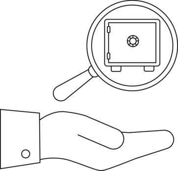 A safe box is viewed by a magnifying glass resting above an open hand vector