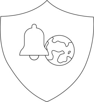 A shield features a bell and a globe vector