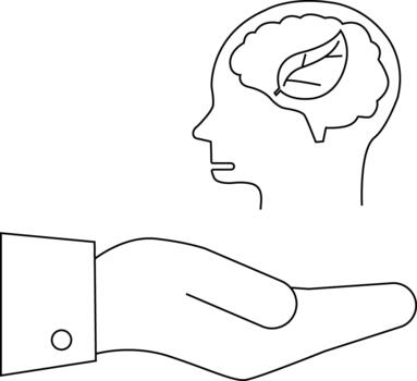 Line drawing of a head with a leaf in the brain above an open hand in a suit vector