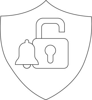 Outlined shield with a bell and unlocked padlock inside vector