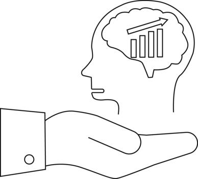 Graphic depicts a head containing an upward trending bar graph held in a hand with a suited cuff vector