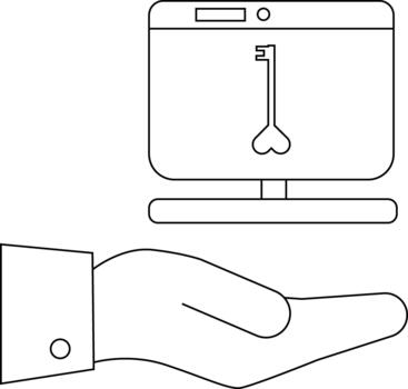 A computer screen displaying a key with a heartshaped bottom above an open hand vector