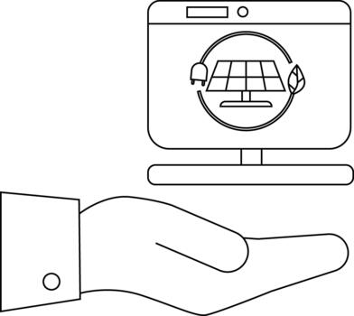 Hand holding a screen displaying a solar panel encircled by an electrical plug and leaf vector