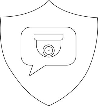 A shield displays a speech bubble containing a security camera all outlined in black vector