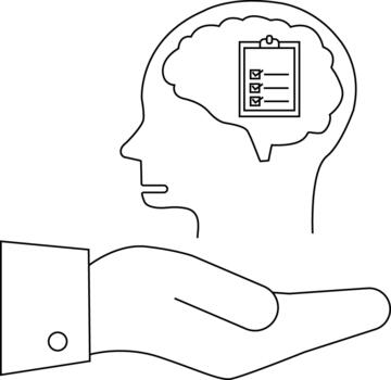 Line drawing shows a hand offering a head profile with a brain filled with a checklist vector