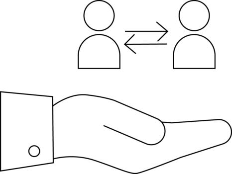 Image displays two figures exchanging data above a hand vector