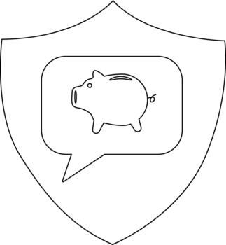 A shield outline contains a chat bubble with a pig outline inside vector
