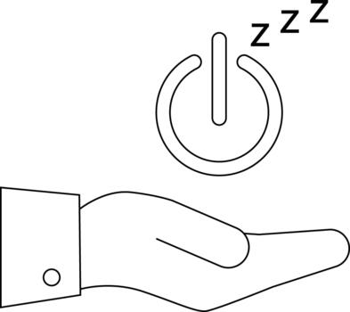 A hand holds a power button accompanied by Zzz symbols indicating a sleep or hibernate state vector