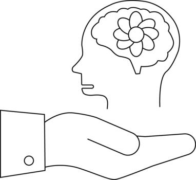 A line drawing of a hand offering a head with a flower in place of the brain vector