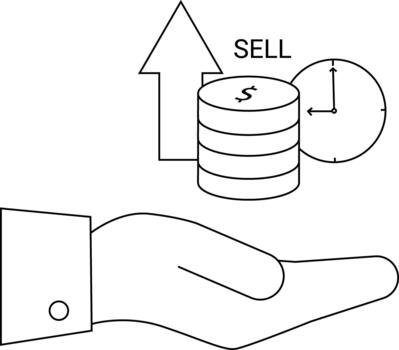 A stack of coins an arrow a clock and the word SELL rest above an open hand vector