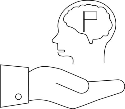 A hand holds a head with a brain containing a flag vector