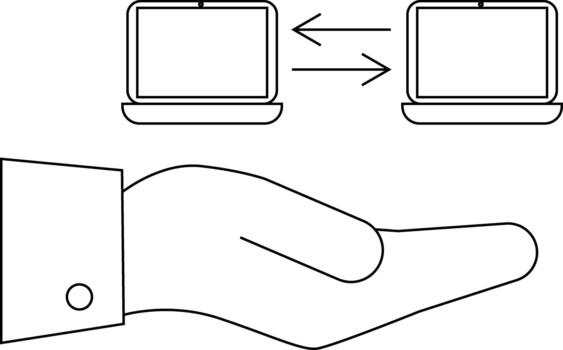 Two laptops with arrows and a hand in a suit vector