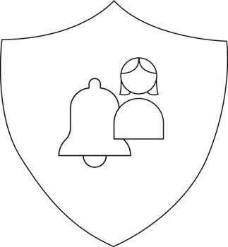 A shield shape with a bell icon beside a person icon all in simple line art vector