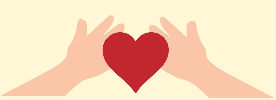 hands and a red heart on a pink background, vector