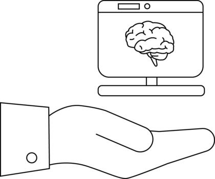 un mano sostiene un pantalla con un cerebro imagen presentando un sencillo resumido dibujo estilo vector