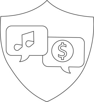A shield contains a speech bubble with a musical note and another with a dollar sign inside vector