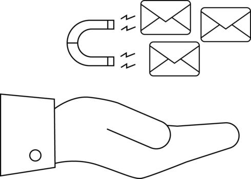Outlined hand below magnet attracting envelope icons Minimalist graphic vector