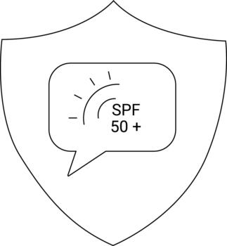 SPF 50 inside speech bubble enclosed in a shield Simple black and white graphic vector
