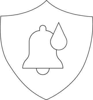A shield contains a bell and a water drop shape Its all outlined in black and white vector