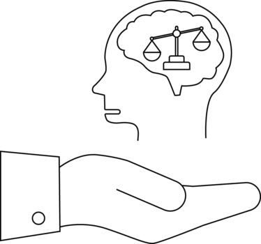 Line art shows a head with scales in the brain above an open hand vector